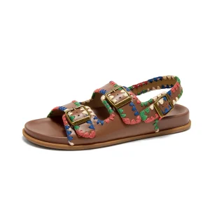 Beau Today Women's Leather Sandals with Handmade Embroidered Crochet sandals