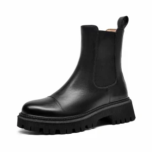 BEAU TODAY Women's Leather Lug Sole Ankle Chelsea Boots Round Toe Slip On Elastic Booties