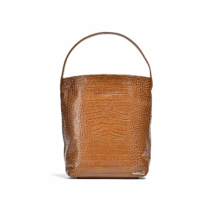 Women Cow Leather Alligator Print Zipper Bucket Bags
